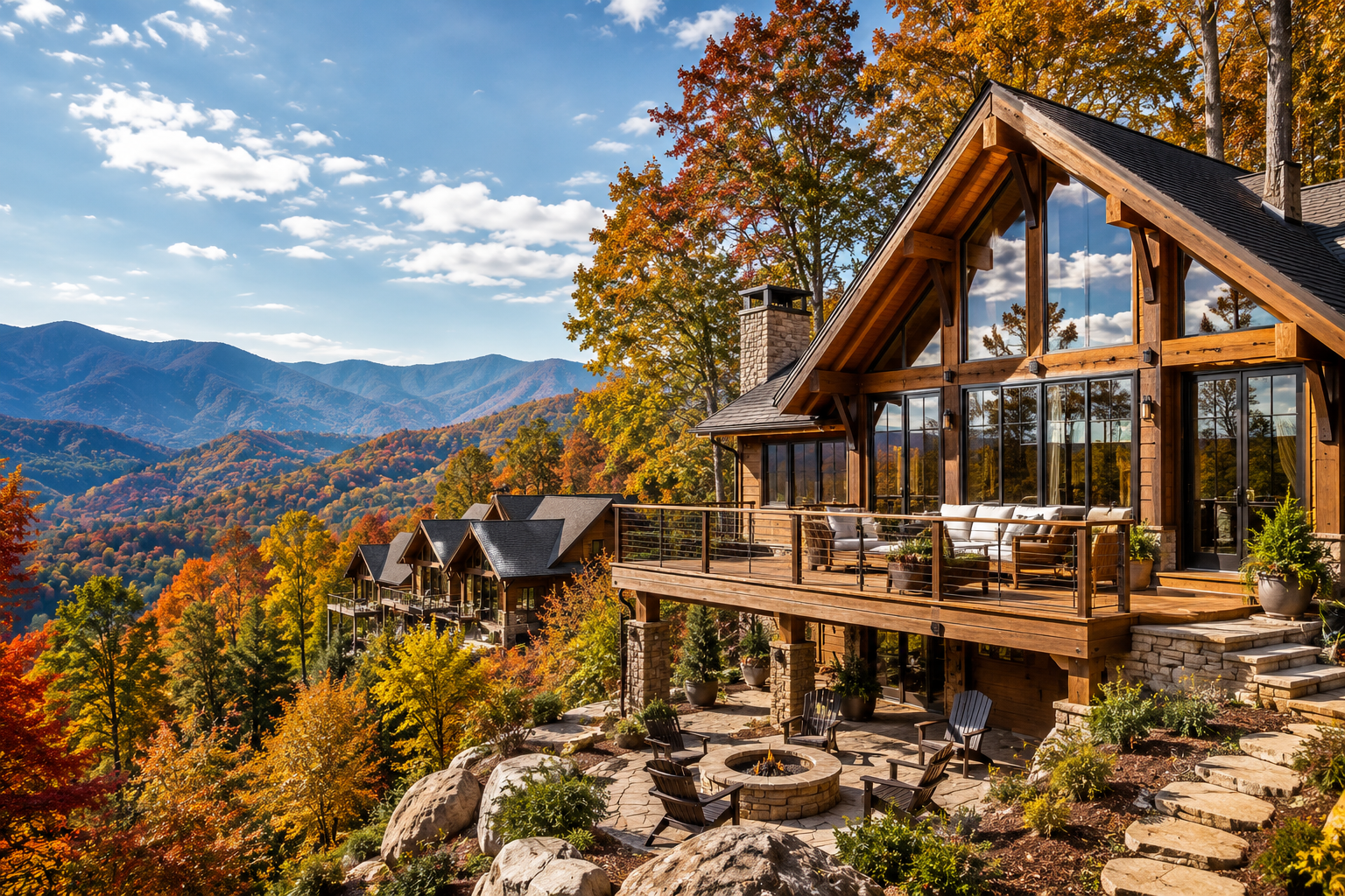 Luxury Smoky Mountain cabin at golden hour